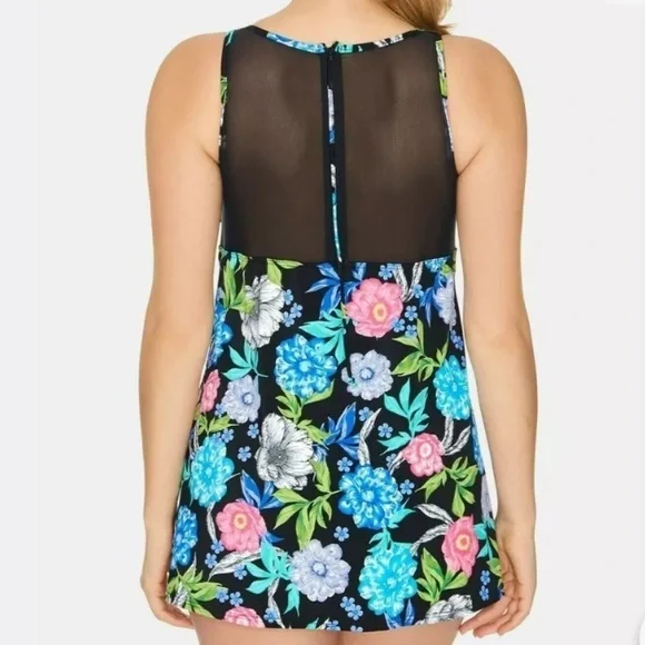 SWIM Solutions Soft Blooms Mesh Trim Swimdress - Picture 2 of 8